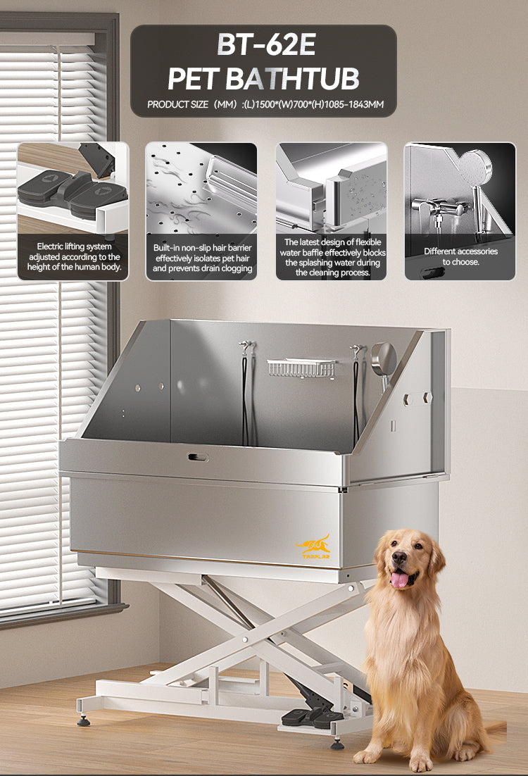 BT-62E 62 inches Electric lift large dog shower bath tub stainless steel