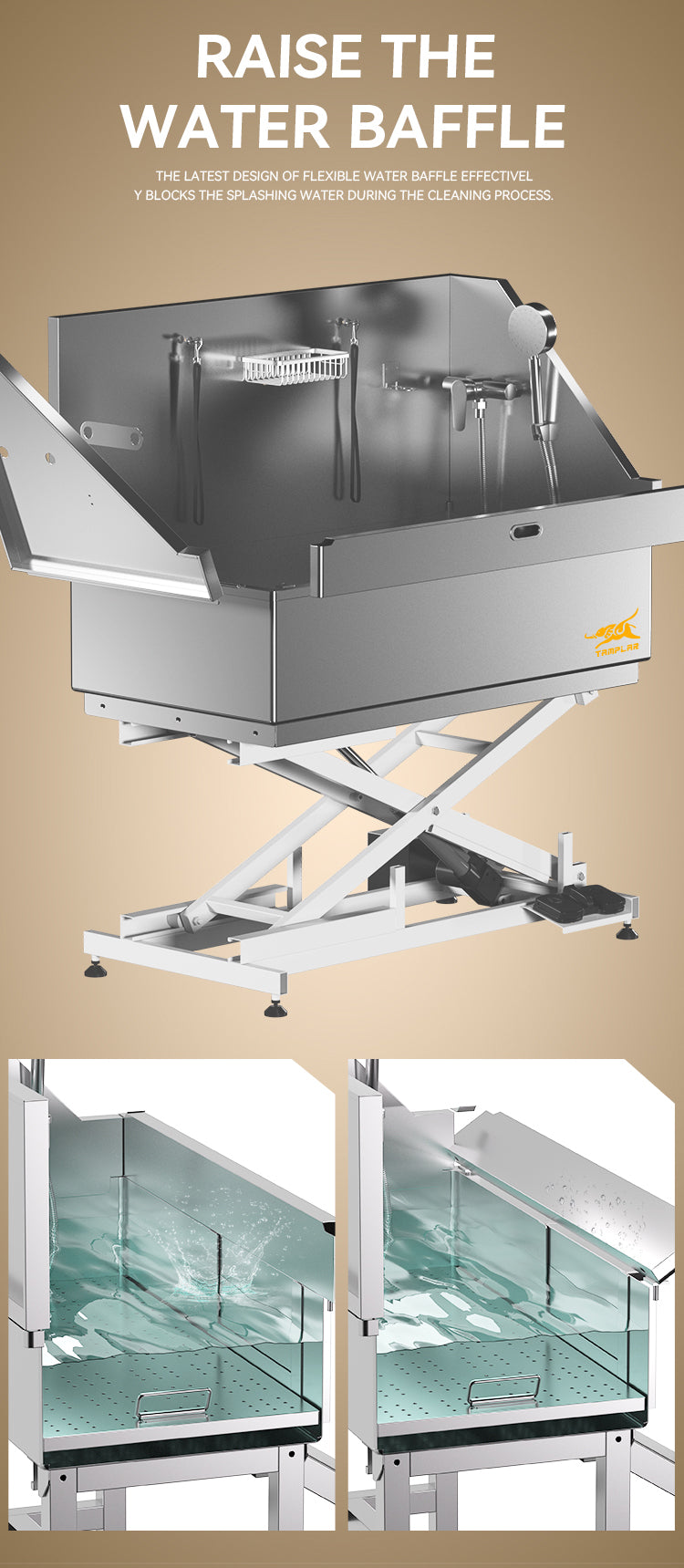 BT-62E 62 inches Electric lift large dog shower bath tub stainless steel