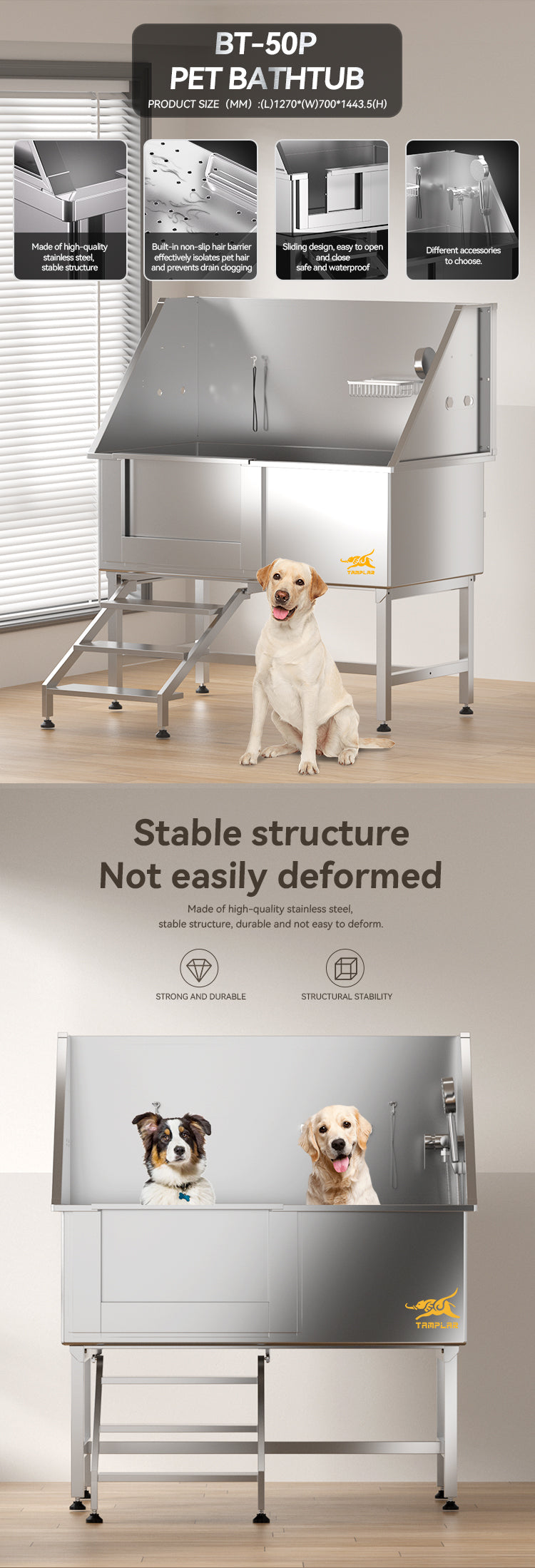 BT-50P Best price 50" quality Stainless Steel Bathing Tub Cat Dog Grooming Bath Tub With sliding door and anti-slip stairs