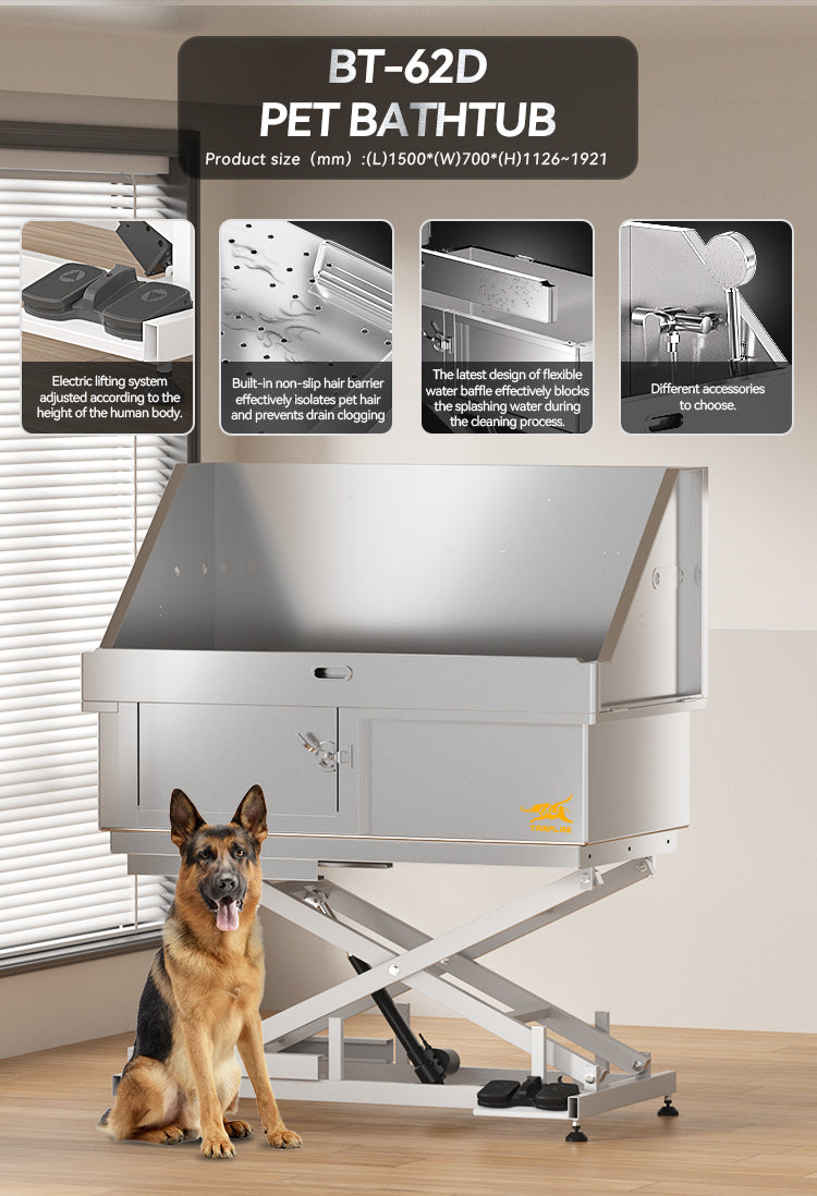 BT-62D Bañera eléctrica para mascotas de 62 pulgadas con elevador y deflector de agua