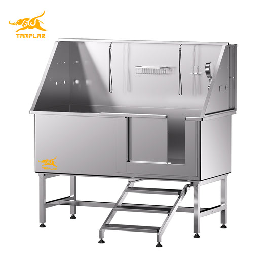 BT-62P  baignoire spa de toilettage pour chien de 62 pouces avec corde de fixation pour animal, rangement et escaliers avec étagère